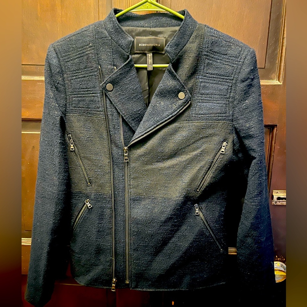 BCBG Max Azria Tweed Moto Jacket | Navy & Black | Size Medium